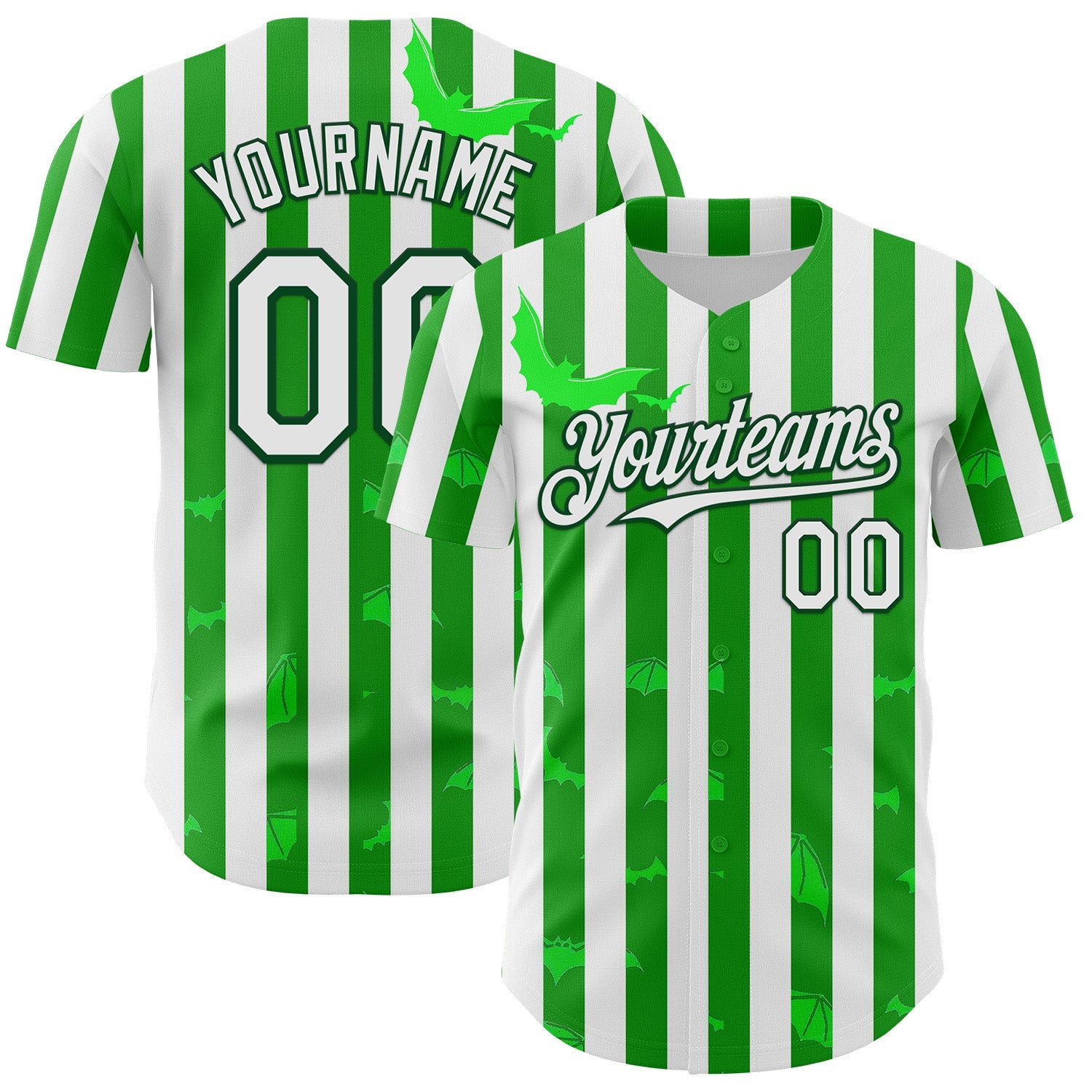Custom White Green 3D Halloween Spooky Bat Stripe Authentic Baseball Jersey - Main View