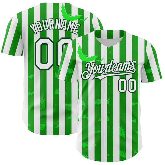 Custom White Green 3D Halloween Spooky Bat Stripe Authentic Baseball Jersey - Main View