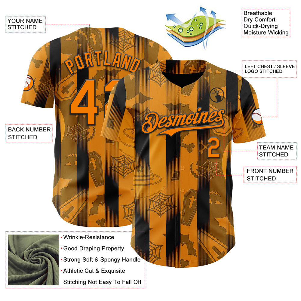 Custom Orange Bay Orange-Black 3D Halloween Spooky Pumpkin Stripe Authentic Baseball Jersey view 3