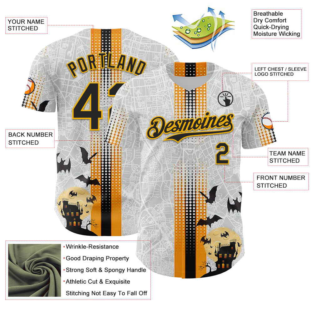 Custom White Black-Gold 3D Halloween Spooky Bat Stripe Authentic Baseball Jersey view 3