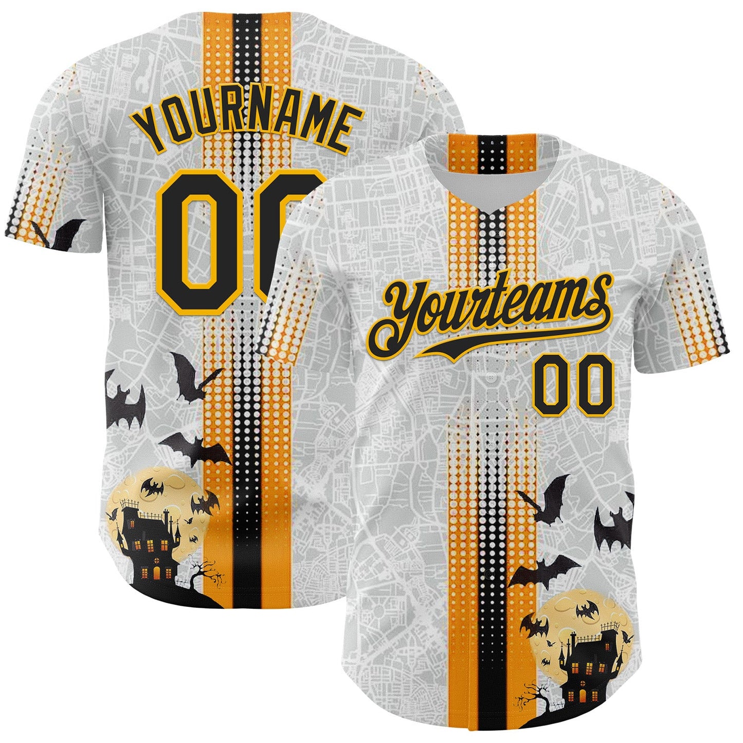 Custom White Black-Gold 3D Halloween Spooky Bat Stripe Authentic Baseball Jersey - Main View