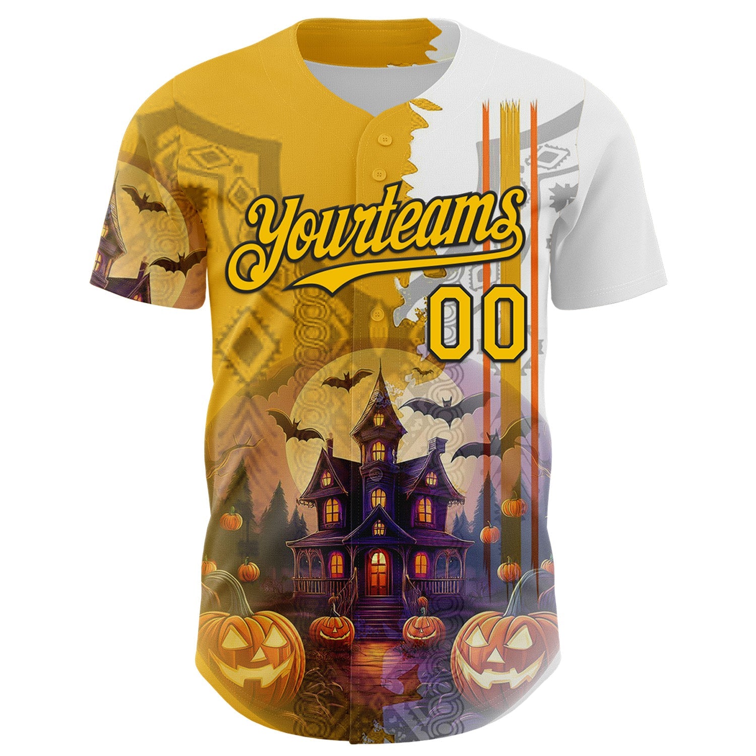 Custom White Yellow-Black 3D Halloween Spooky Pumpkin Authentic Baseball Jersey view 2
