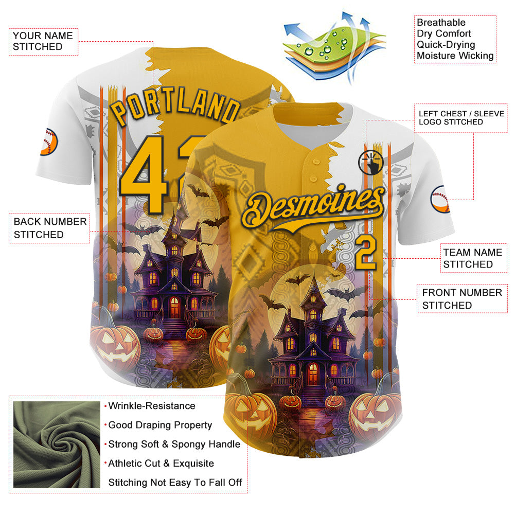 Custom White Yellow-Black 3D Halloween Spooky Pumpkin Authentic Baseball Jersey view 3