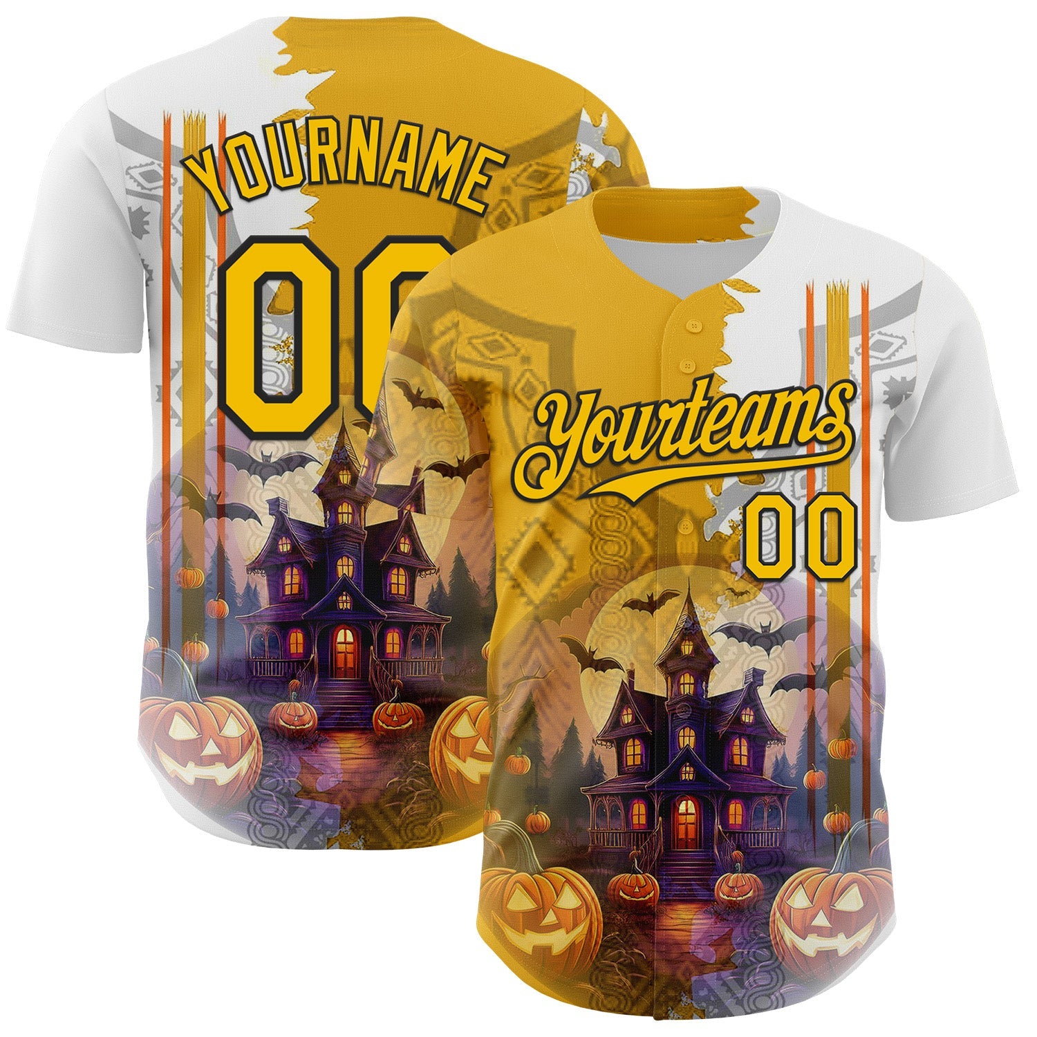 Custom White Yellow-Black 3D Halloween Spooky Pumpkin Authentic Baseball Jersey - Main View