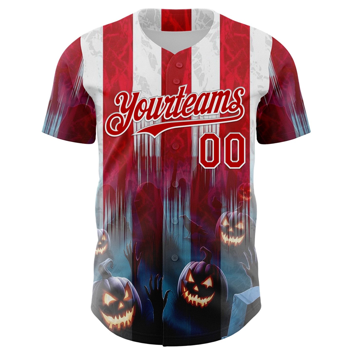 Custom Red Blue-White 3D Halloween Spooky Pumpkin Stripe Authentic Baseball Jersey view 2