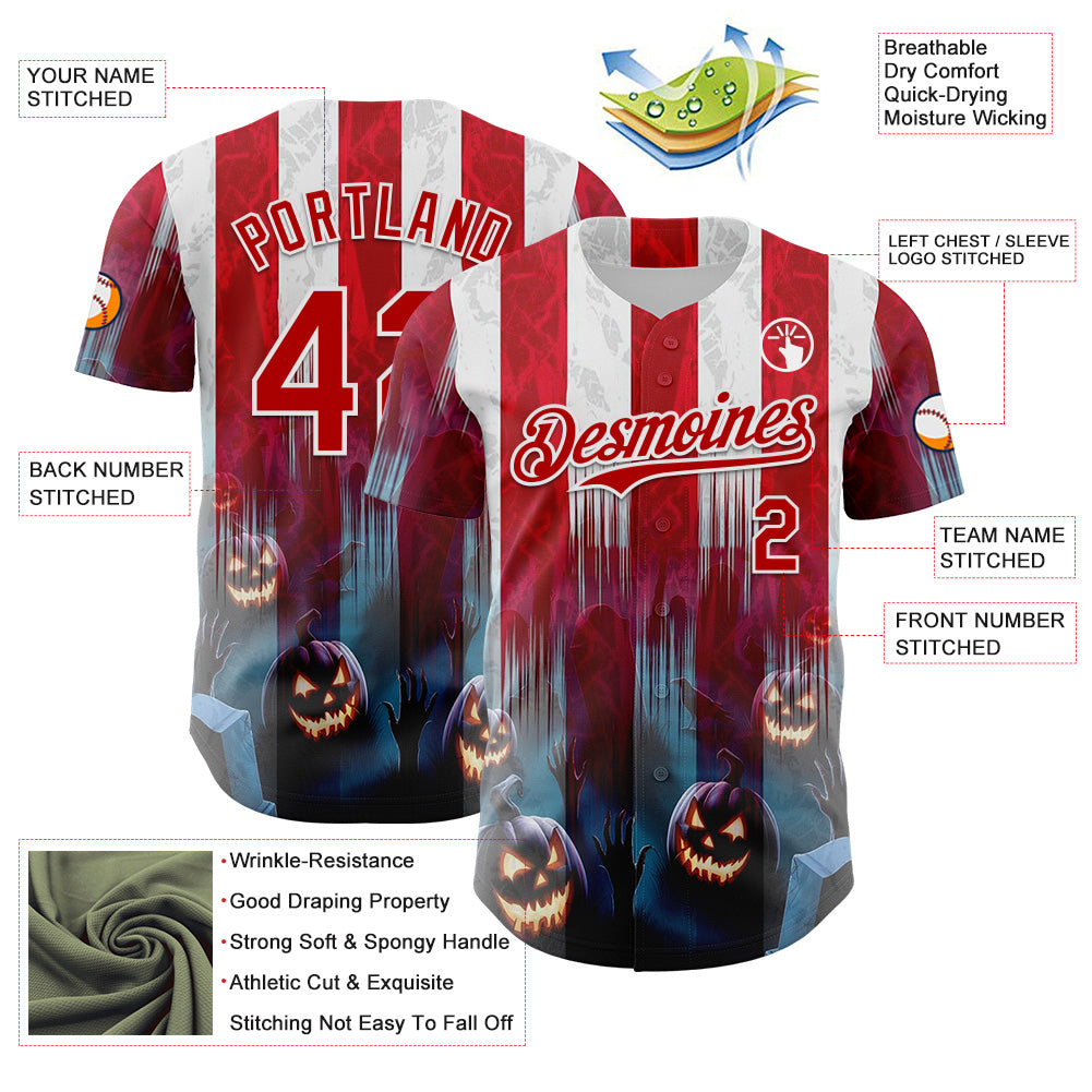Custom Red Blue-White 3D Halloween Spooky Pumpkin Stripe Authentic Baseball Jersey view 3