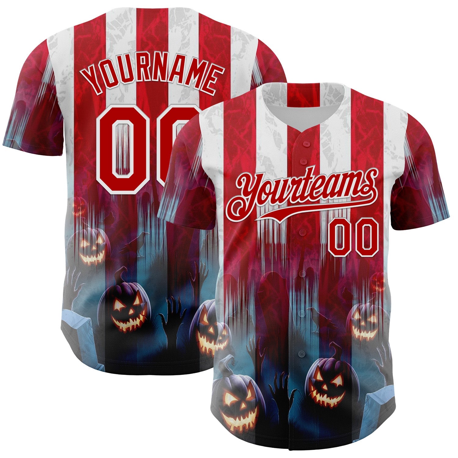 Custom Red Blue-White 3D Halloween Spooky Pumpkin Stripe Authentic Baseball Jersey - Main View