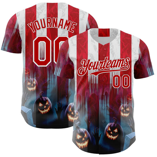 Custom Red Blue-White 3D Halloween Spooky Pumpkin Stripe Authentic Baseball Jersey - Main View