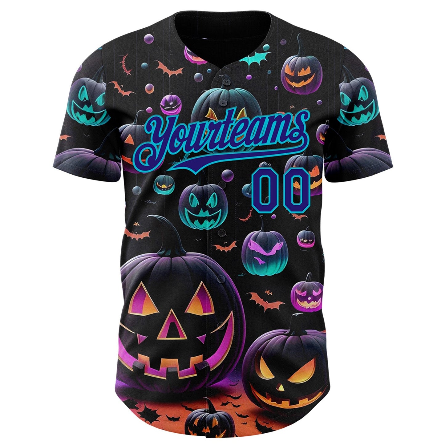 Custom Black Dark Purple-Lakes Blue 3D Halloween Spooky Pumpkin Authentic Baseball Jersey view 2