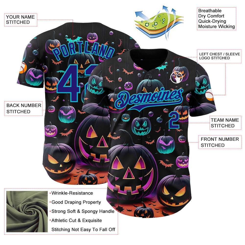 Custom Black Dark Purple-Lakes Blue 3D Halloween Spooky Pumpkin Authentic Baseball Jersey view 3
