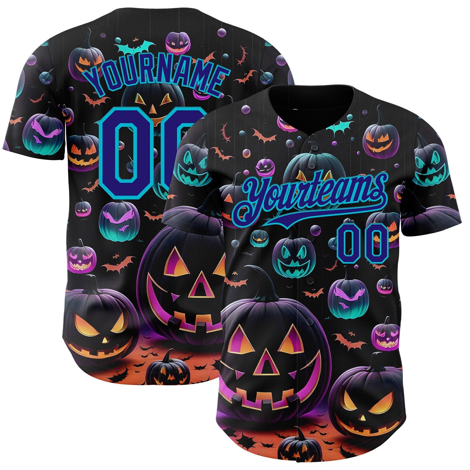 Custom Black Dark Purple-Lakes Blue 3D Halloween Spooky Pumpkin Authentic Baseball Jersey - Main View