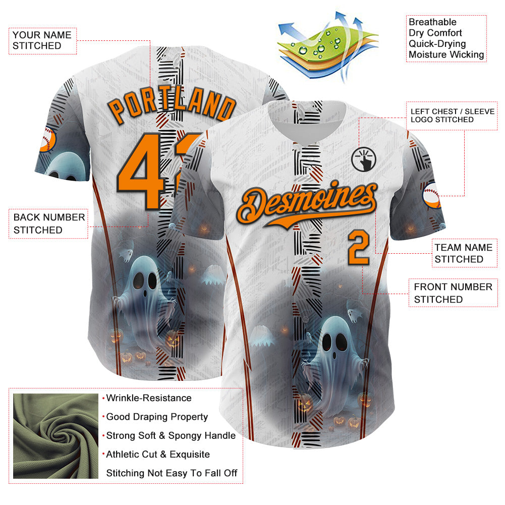 Custom White Bay Orange Gray-Black 3D Halloween Spooky Pumpkin Authentic Baseball Jersey view 3