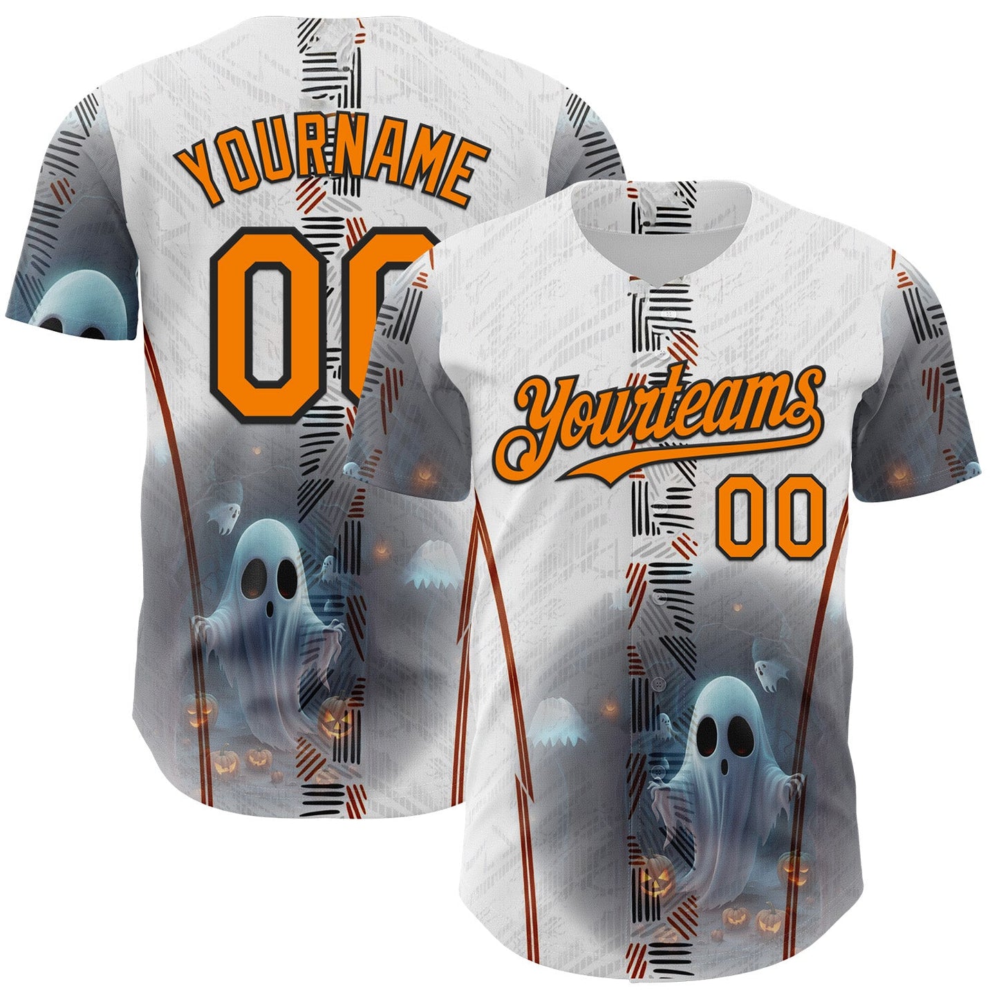 Custom White Bay Orange Gray-Black 3D Halloween Spooky Pumpkin Authentic Baseball Jersey - Main View
