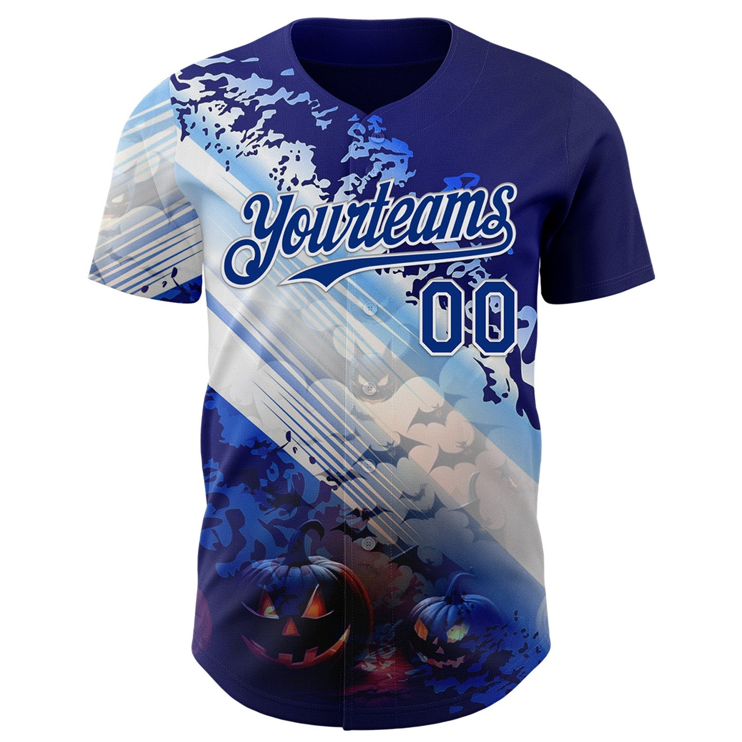 Custom Blue Royal-White 3D Halloween Spooky Pumpkin Bat Authentic Baseball Jersey view 2