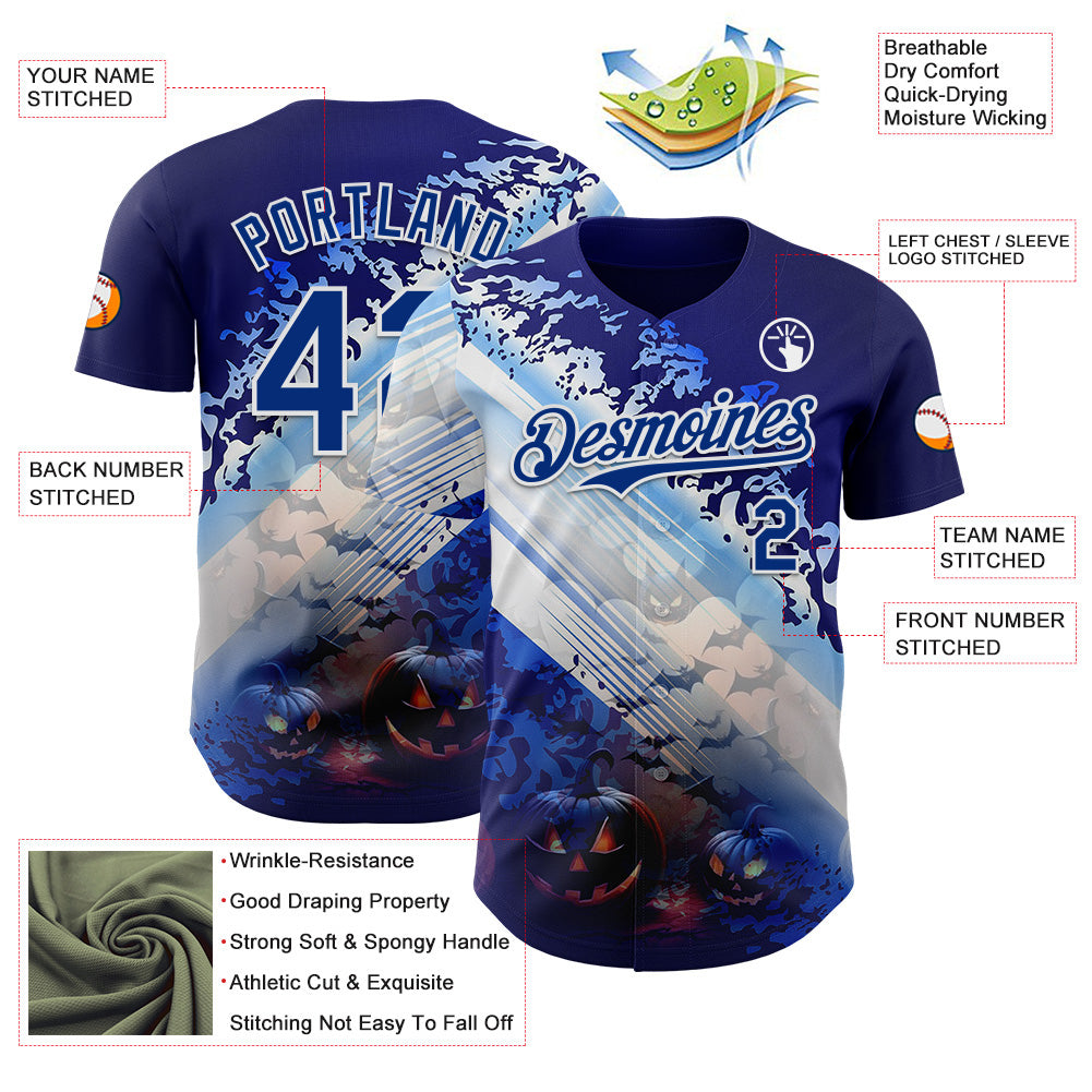 Custom Blue Royal-White 3D Halloween Spooky Pumpkin Bat Authentic Baseball Jersey view 3
