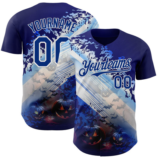 Custom Blue Royal-White 3D Halloween Spooky Pumpkin Bat Authentic Baseball Jersey - Main View