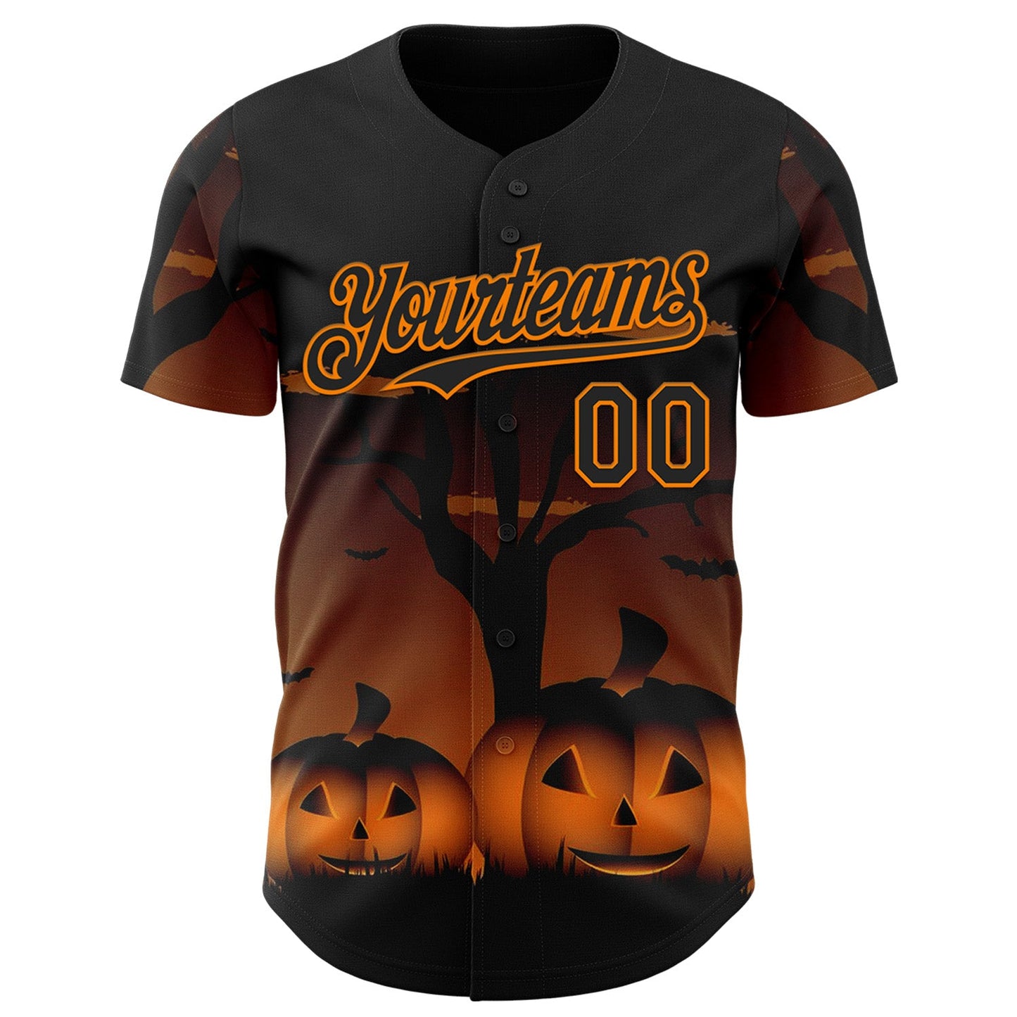 Custom Black Bay Orange 3D Halloween Spooky Pumpkin Authentic Baseball Jersey view 2