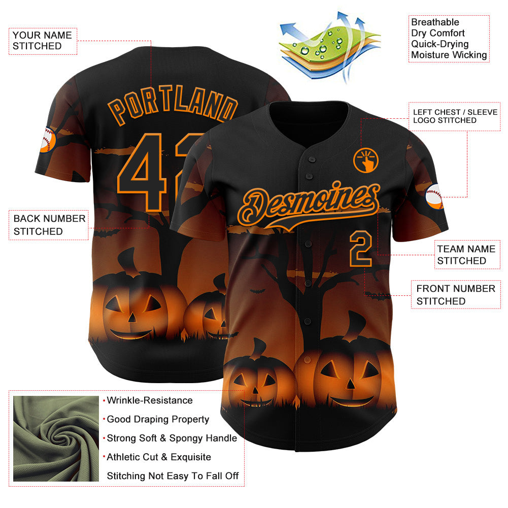 Custom Black Bay Orange 3D Halloween Spooky Pumpkin Authentic Baseball Jersey view 3