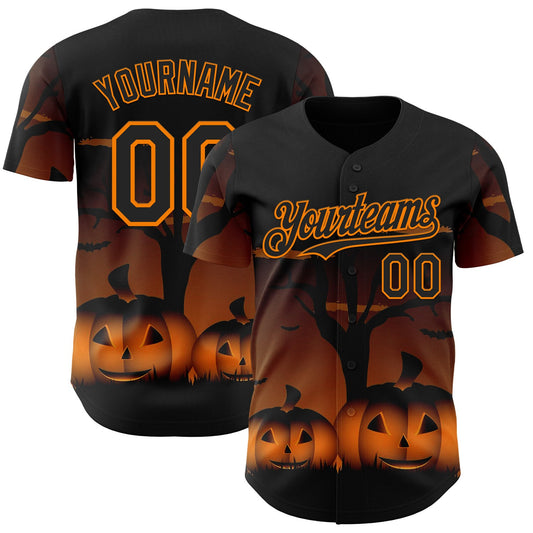 Custom Black Bay Orange 3D Halloween Spooky Pumpkin Authentic Baseball Jersey - Main View
