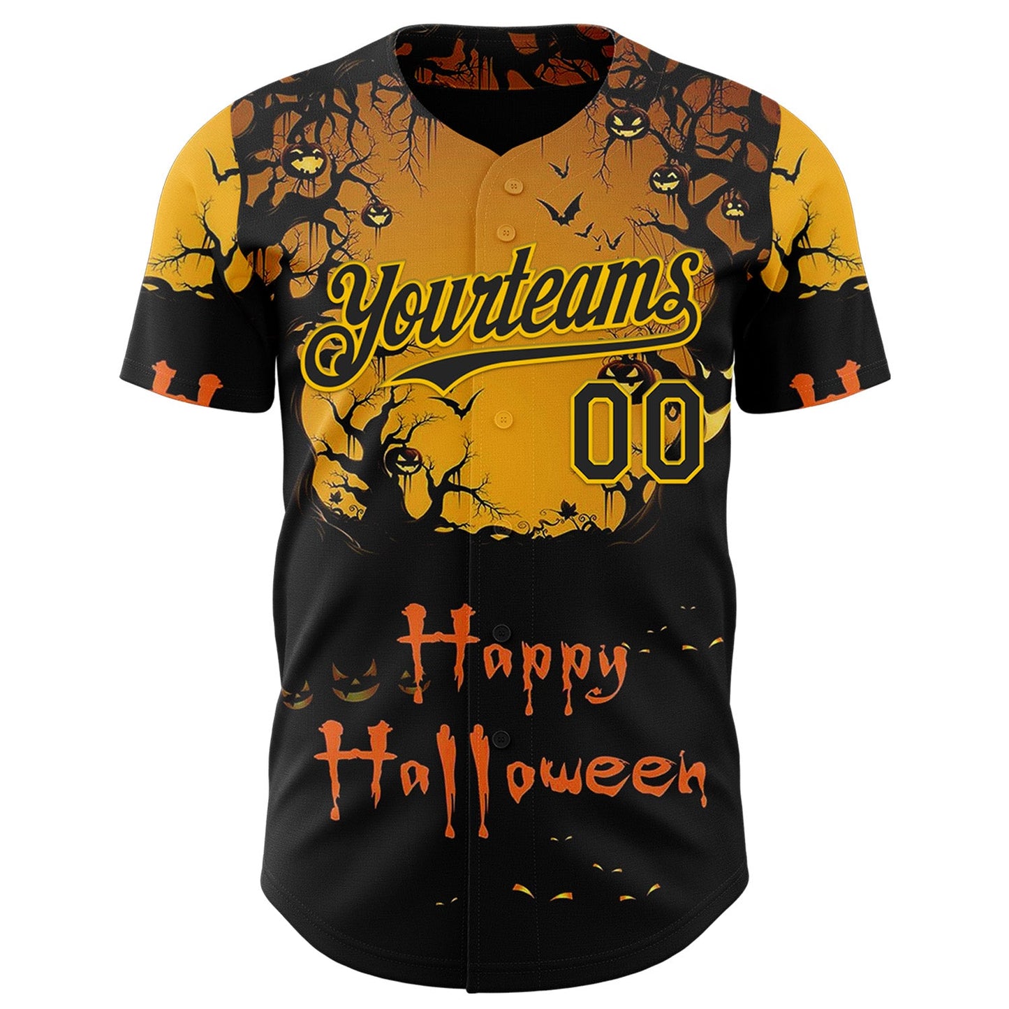 Custom Yellow Black 3D Halloween Spooky Pumpkin Authentic Baseball Jersey view 2