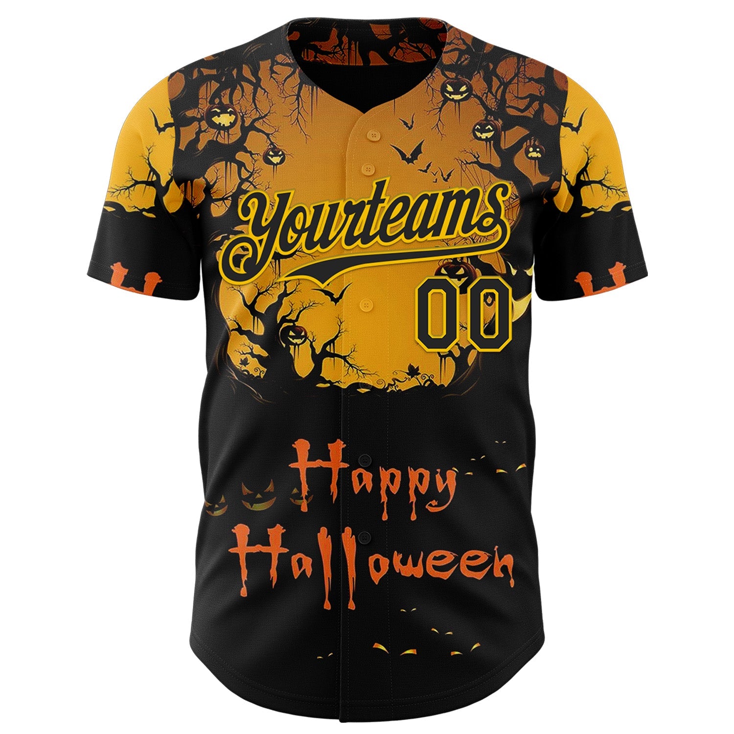 Custom Yellow Black 3D Halloween Spooky Pumpkin Authentic Baseball Jersey view 2