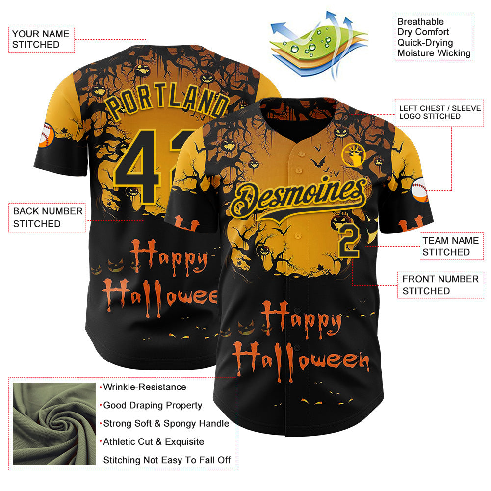 Custom Yellow Black 3D Halloween Spooky Pumpkin Authentic Baseball Jersey view 3