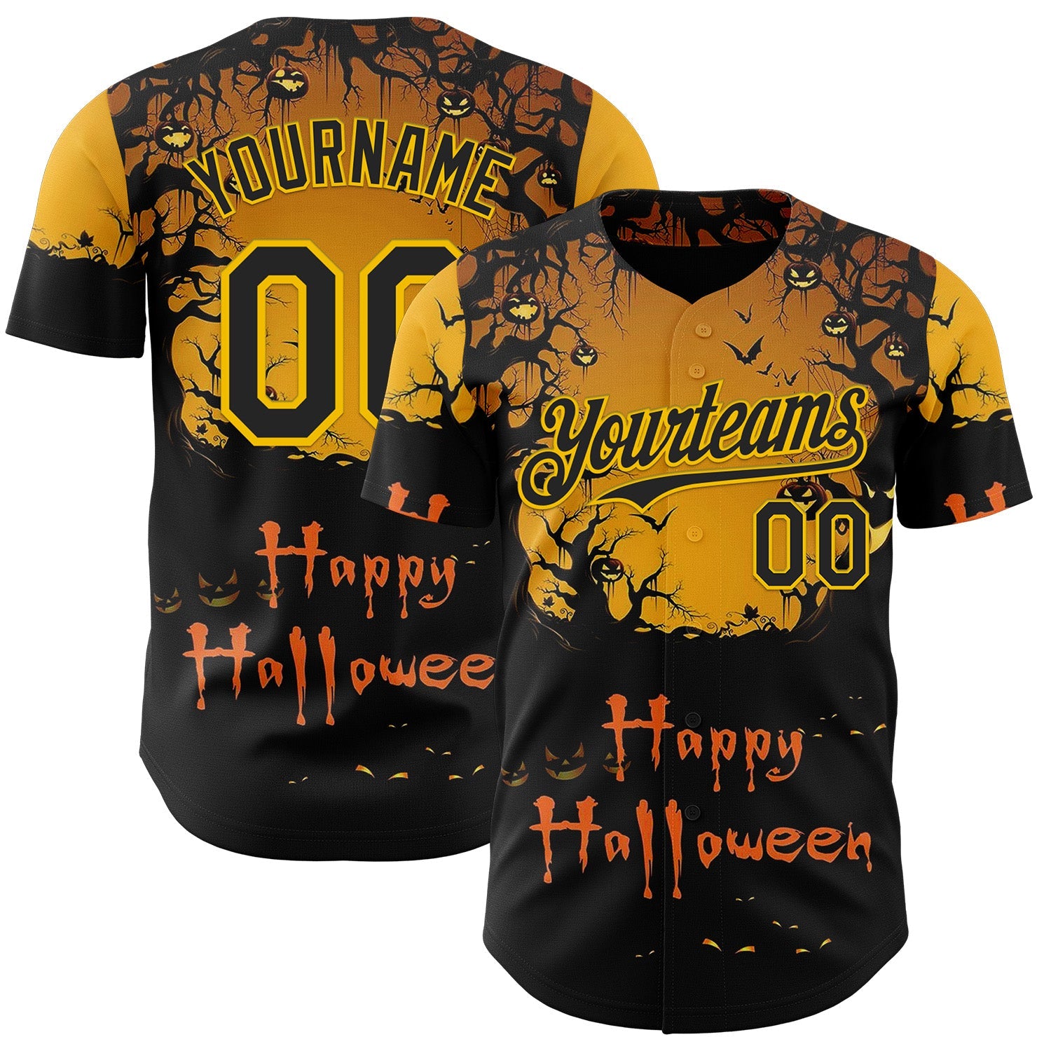 Custom Yellow Black 3D Halloween Spooky Pumpkin Authentic Baseball Jersey - Main View