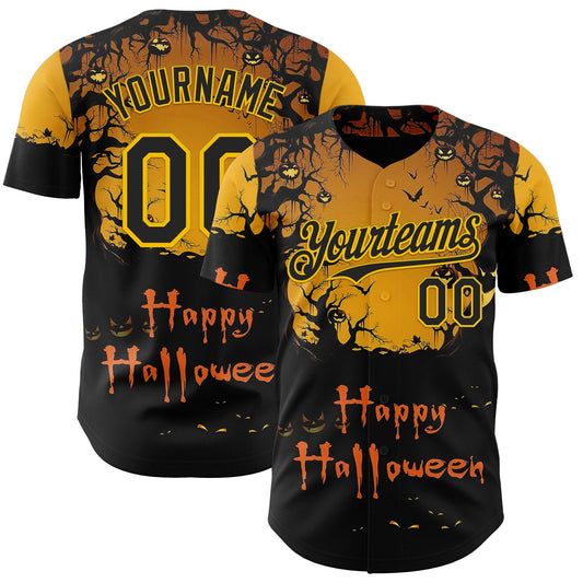 Custom Yellow Black 3D Halloween Spooky Pumpkin Authentic Baseball Jersey - Main View