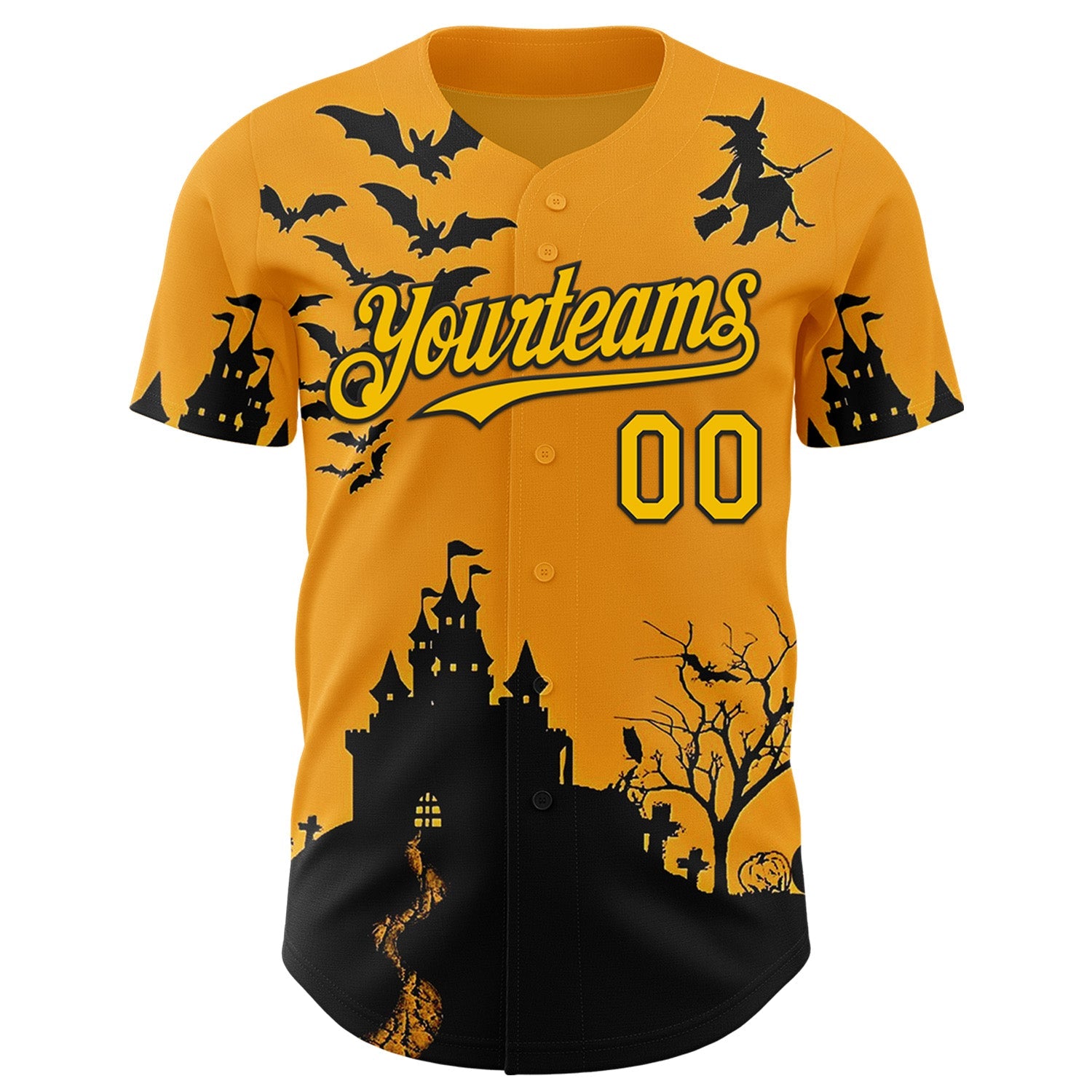 Custom Yellow Black 3D Halloween Spooky Pumpkin Bat Authentic Baseball Jersey view 2