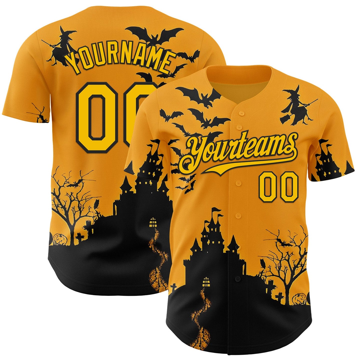 Custom Yellow Black 3D Halloween Spooky Pumpkin Bat Authentic Baseball Jersey - Main View