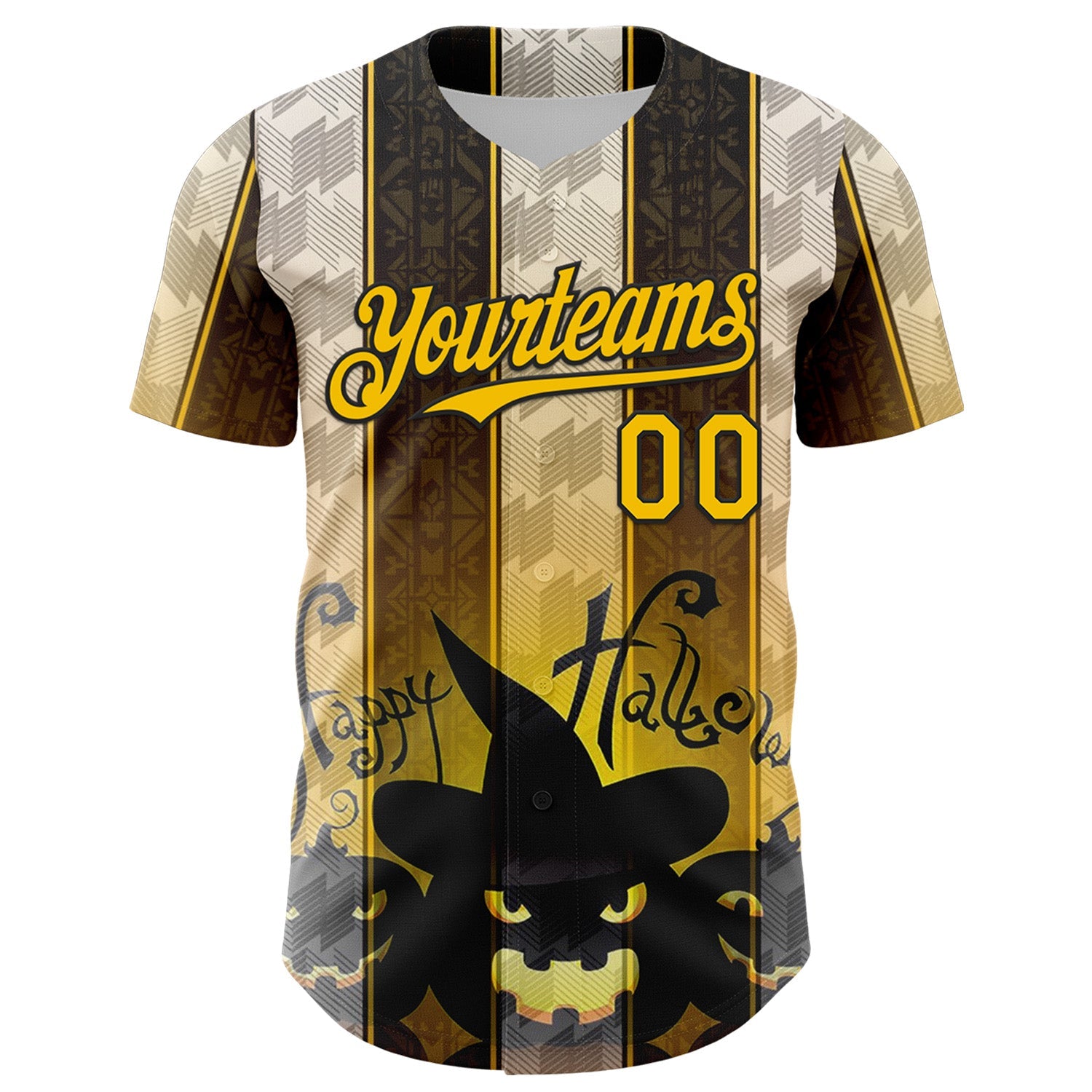 Custom Black Yellow-White 3D Halloween Spooky Pumpkin Stripe Authentic Baseball Jersey view 2