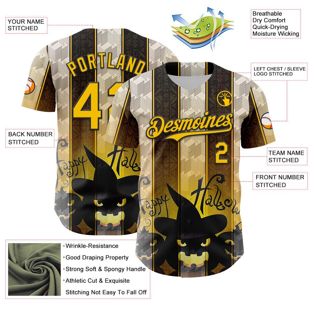Custom Black Yellow-White 3D Halloween Spooky Pumpkin Stripe Authentic Baseball Jersey view 3