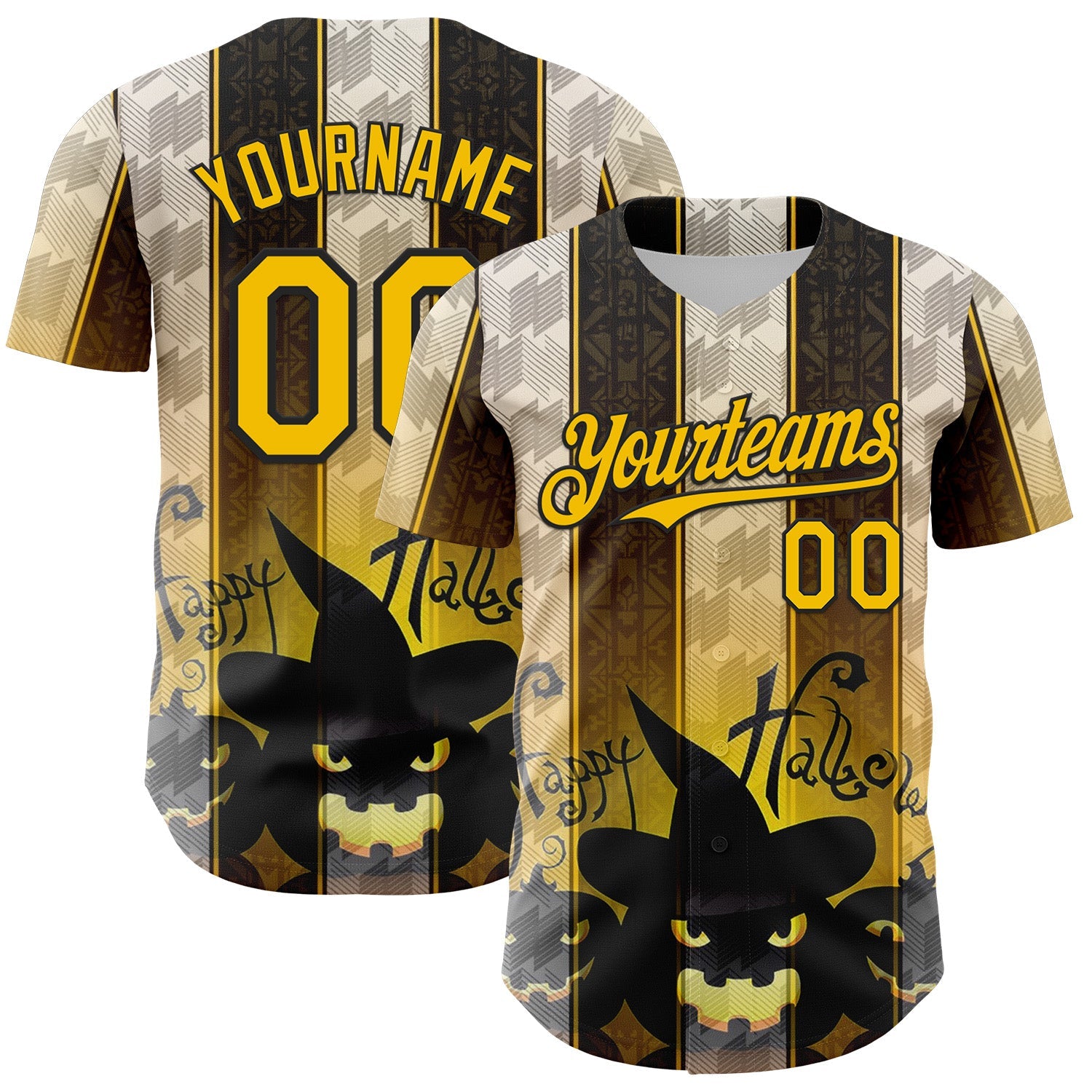 Custom Black Yellow-White 3D Halloween Spooky Pumpkin Stripe Authentic Baseball Jersey - Main View