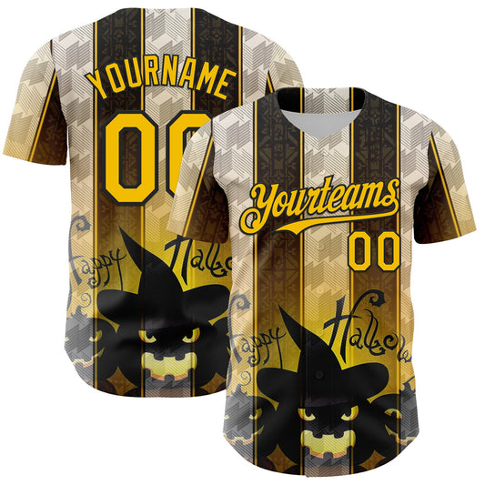Custom Black Yellow-White 3D Halloween Spooky Pumpkin Stripe Authentic Baseball Jersey - Main View