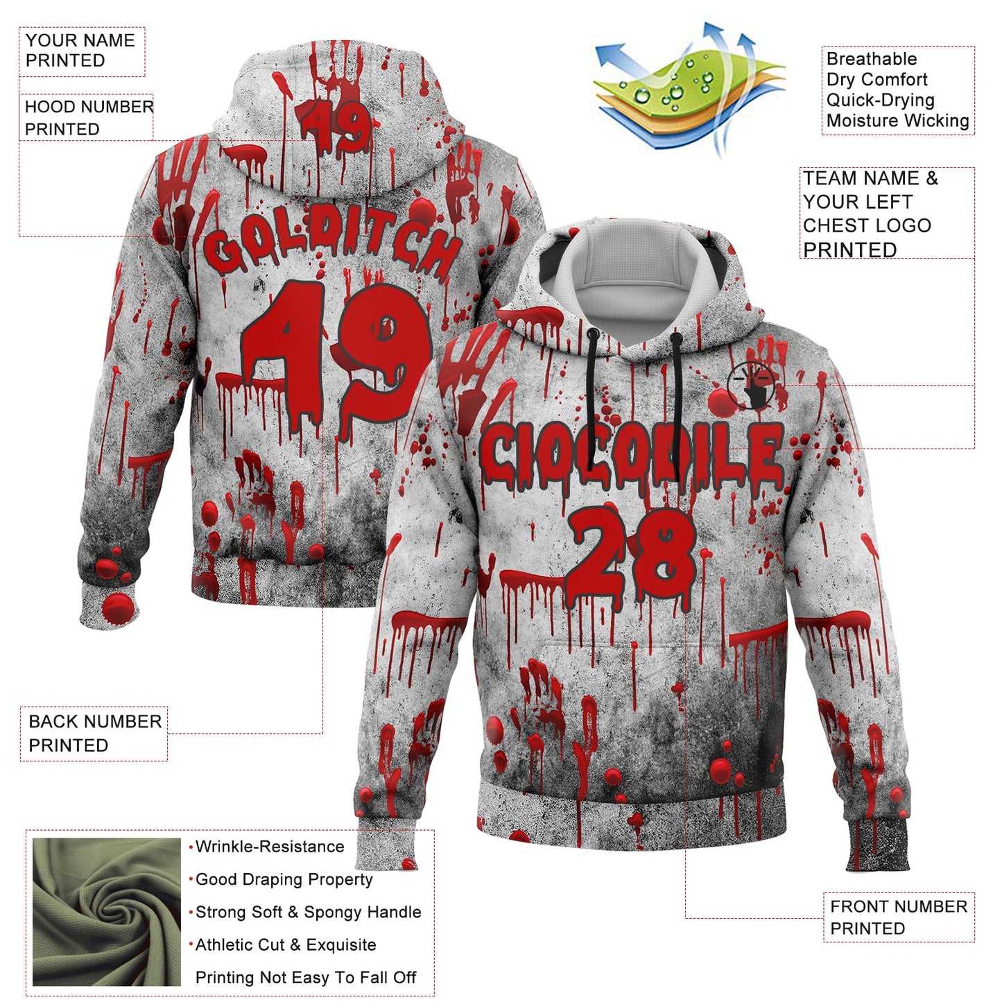 Custom Gray Red-Black 3D Halloween Creepy Blood Horror Sports Pullover Sweatshirt Hoodie view 2