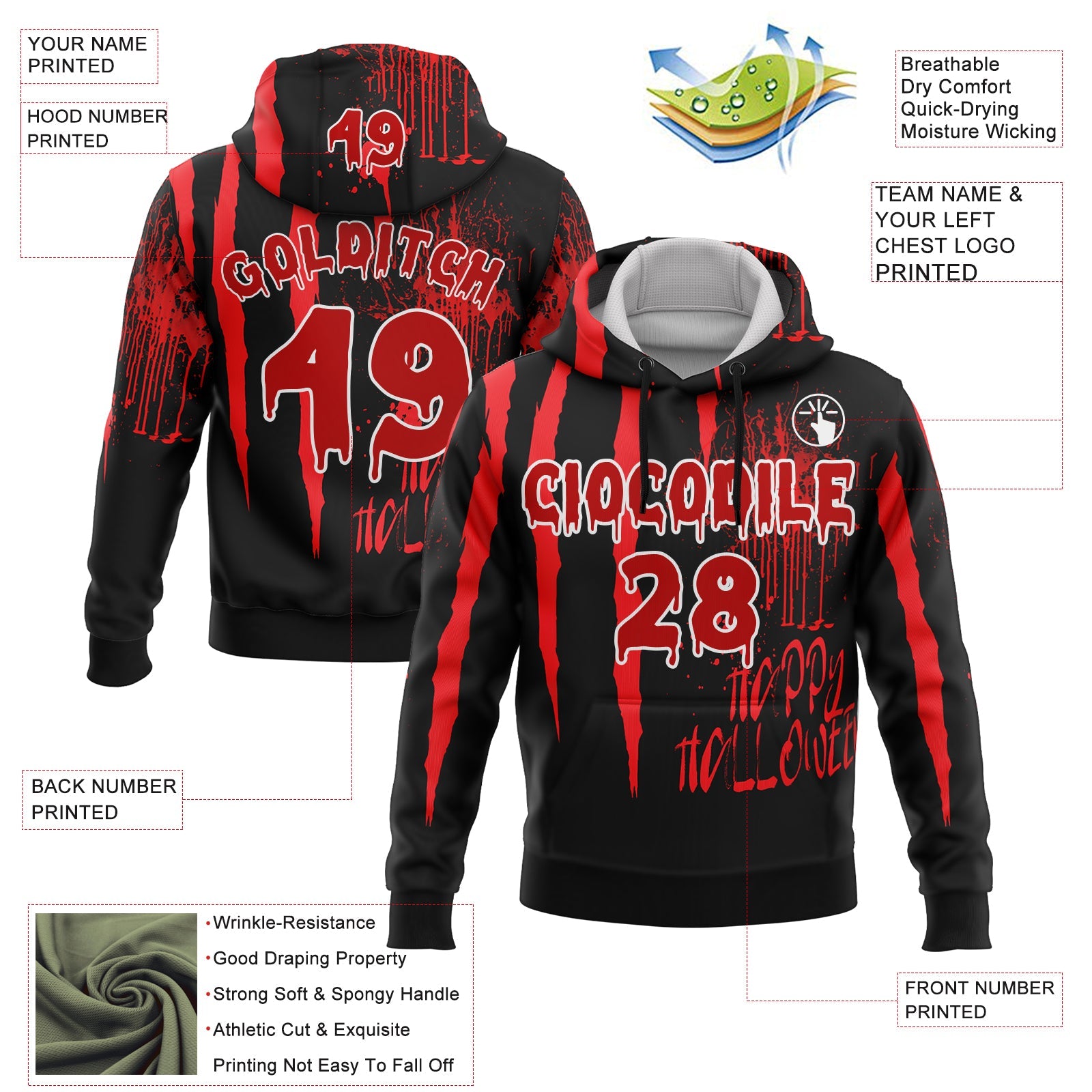 Custom Black Red-White 3D Halloween Creepy Blood Horror Sports Pullover Sweatshirt Hoodie view 2