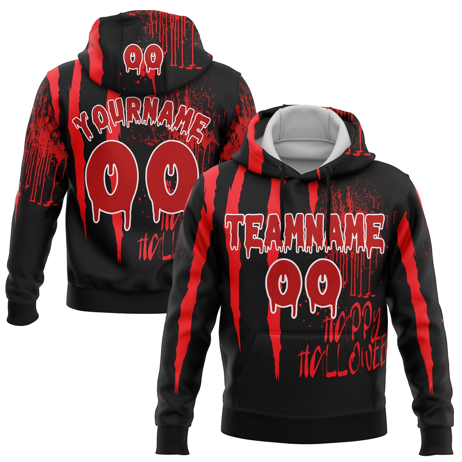 Custom Black Red-White 3D Halloween Creepy Blood Horror Sports Pullover Sweatshirt Hoodie - Main View