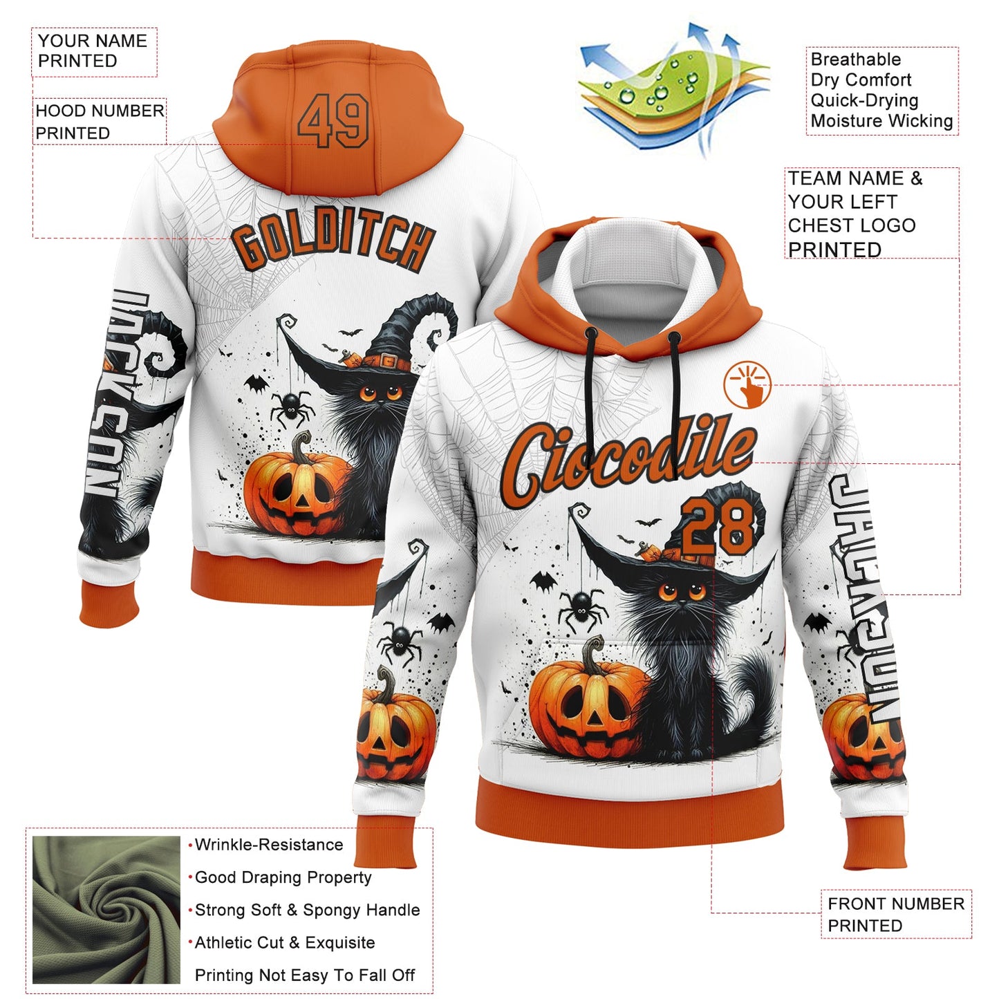 Custom White Orange-Black 3D Halloween Pumpkin Spooky Sports Pullover Sweatshirt Hoodie view 2