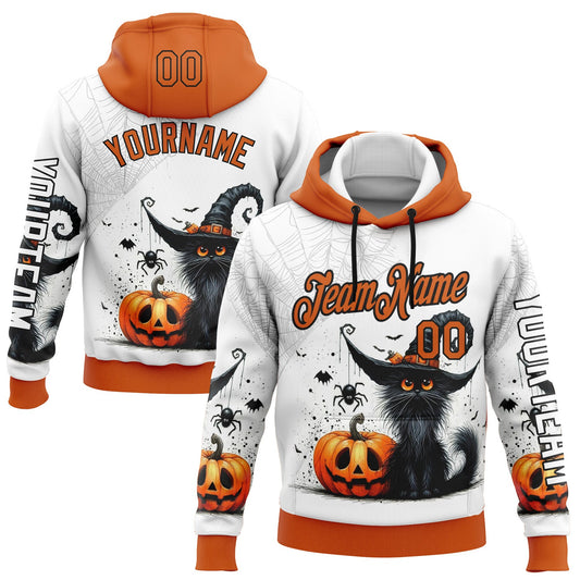 Custom White Orange-Black 3D Halloween Pumpkin Spooky Sports Pullover Sweatshirt Hoodie - Main View
