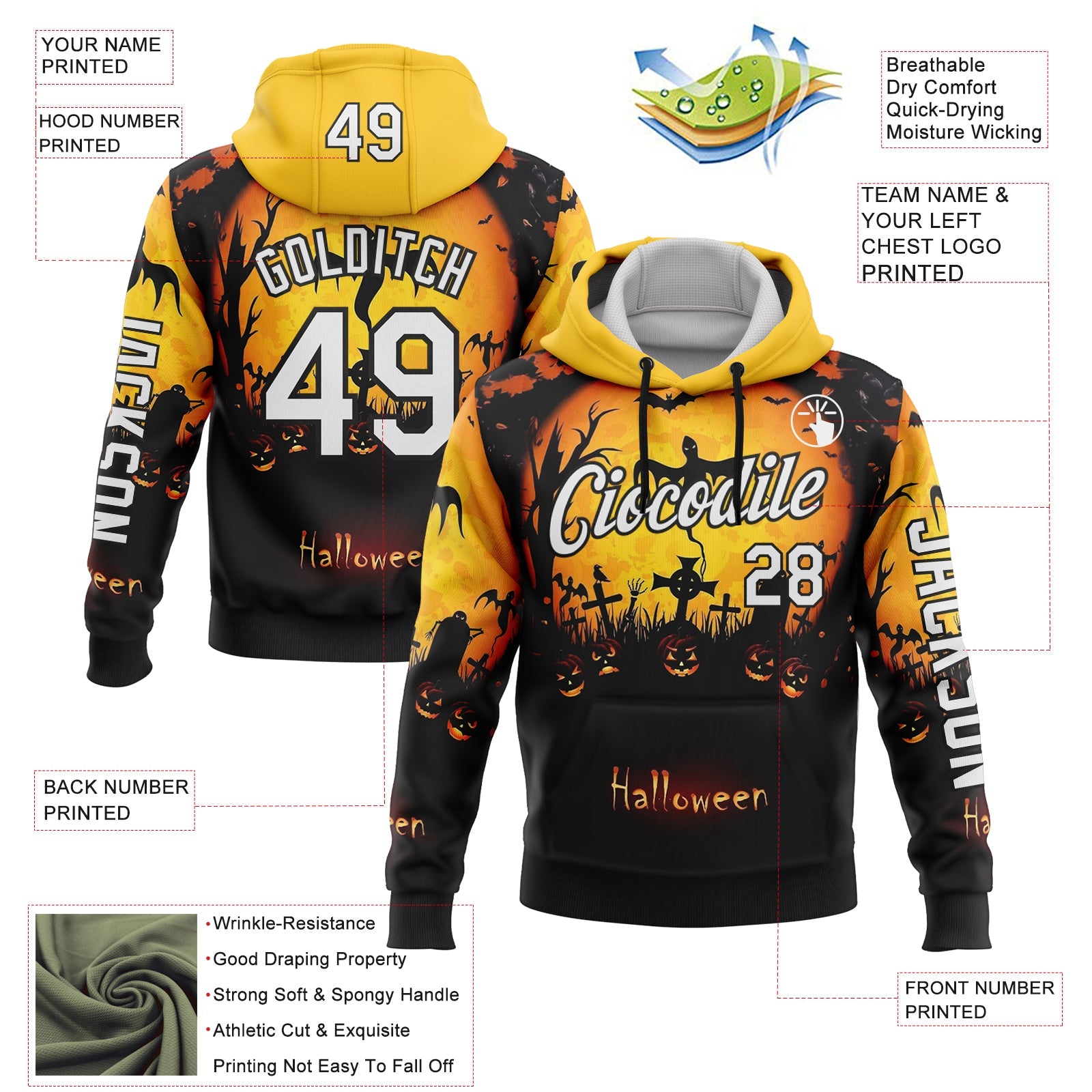 Custom Yellow White-Black 3D Halloween Bat Spooky Sports Pullover Sweatshirt Hoodie view 2