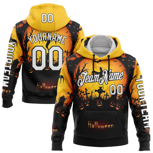 Custom Yellow White-Black 3D Halloween Bat Spooky Sports Pullover Sweatshirt Hoodie - Main View