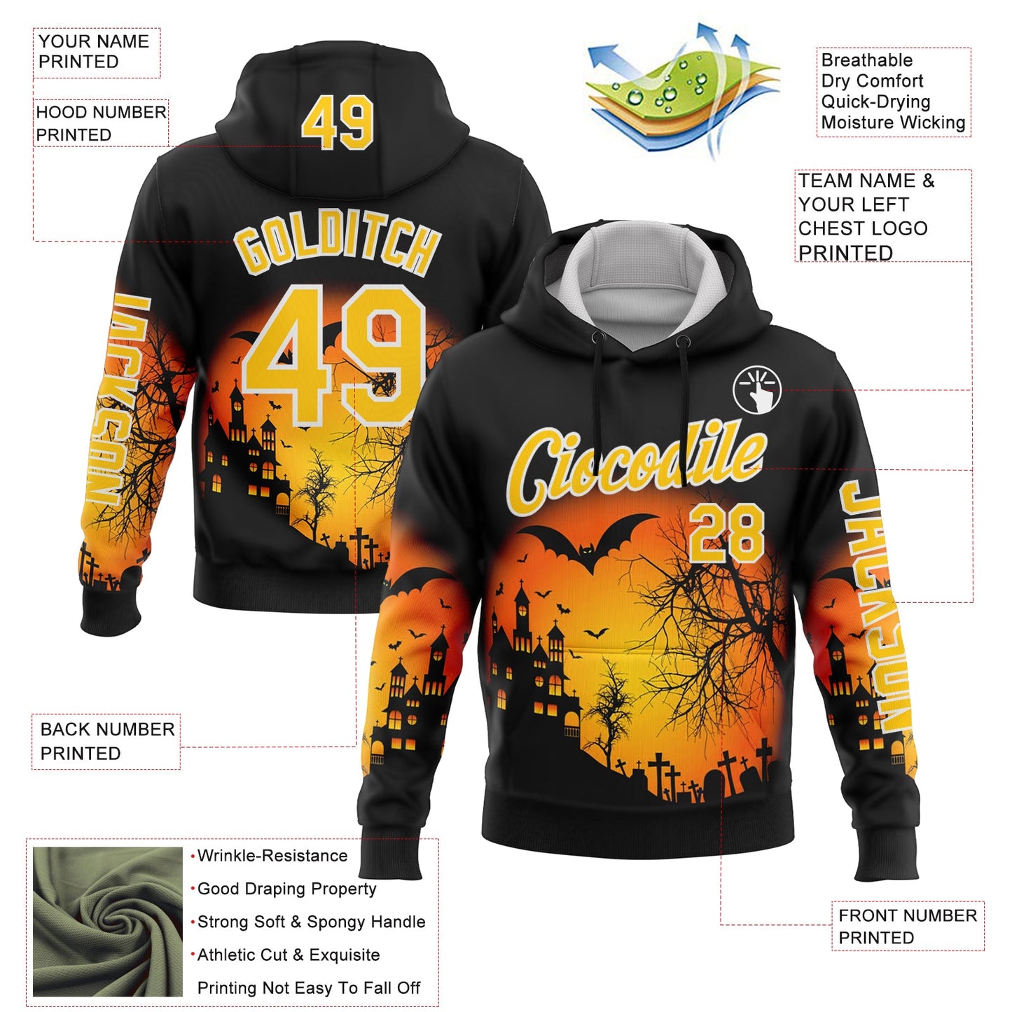 Custom Black Yellow-White 3D Halloween Bat Spooky Sports Pullover Sweatshirt Hoodie view 2