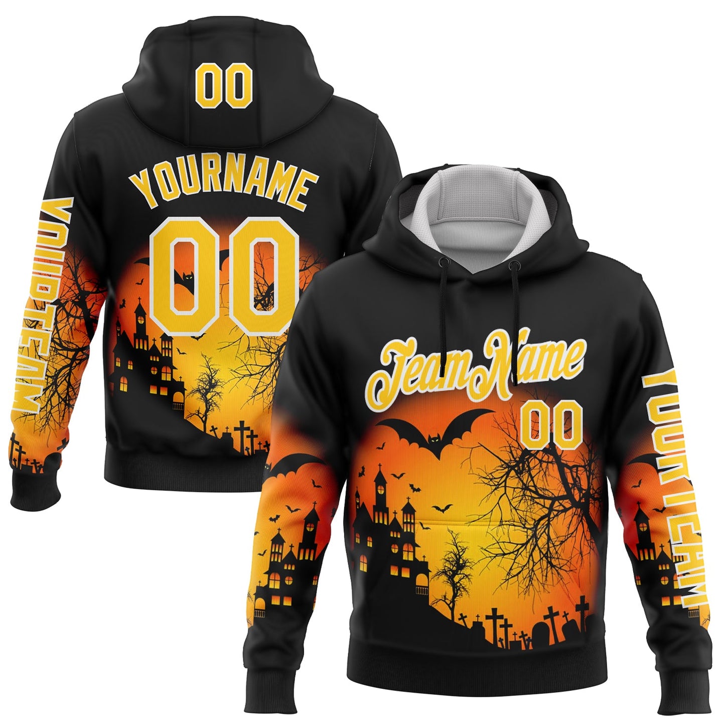 Custom Black Yellow-White 3D Halloween Bat Spooky Sports Pullover Sweatshirt Hoodie - Main View