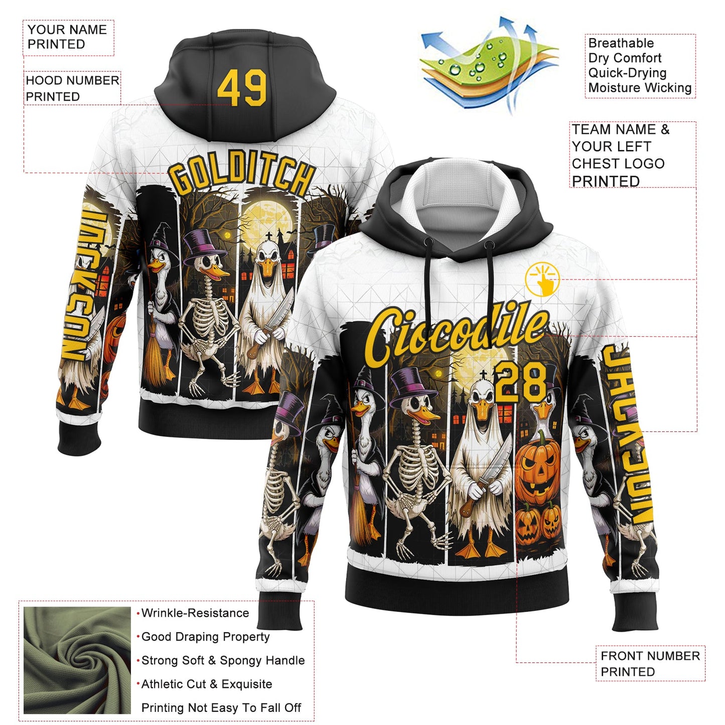 Custom White Yellow-Black 3D Halloween Pumpkin Spooky Sports Pullover Sweatshirt Hoodie view 2