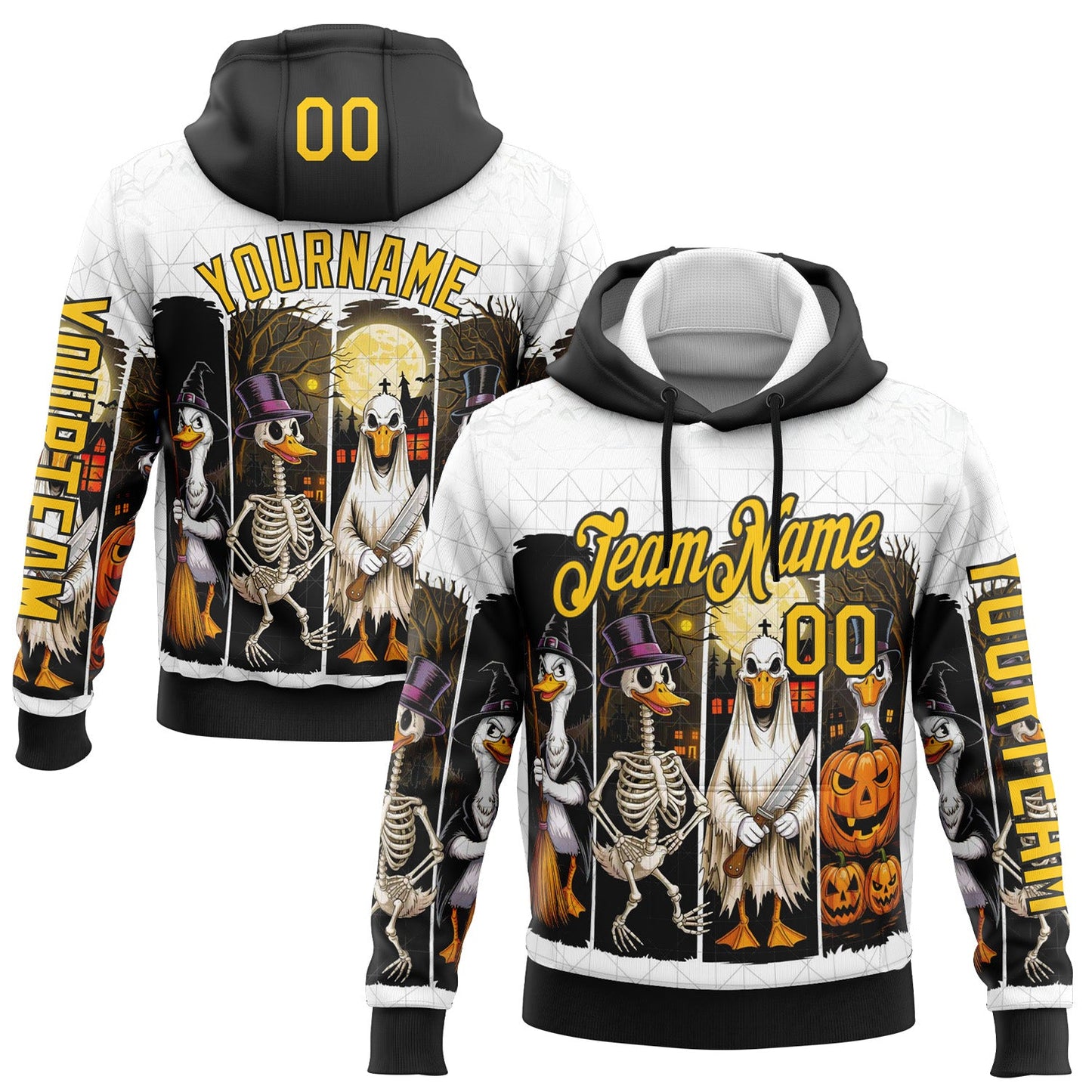 Custom White Yellow-Black 3D Halloween Pumpkin Spooky Sports Pullover Sweatshirt Hoodie - Main View