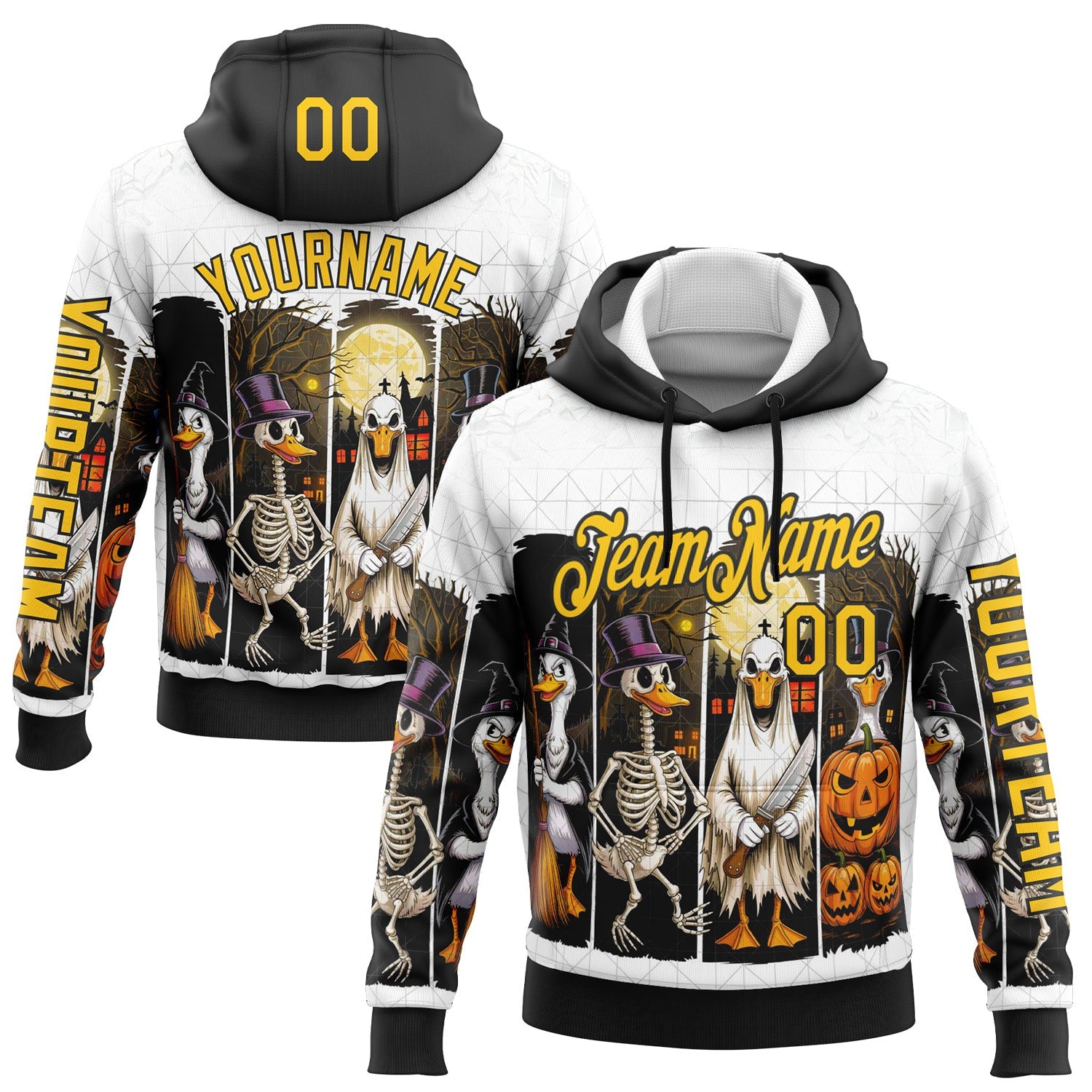 Custom White Yellow-Black 3D Halloween Pumpkin Spooky Sports Pullover Sweatshirt Hoodie - Main View
