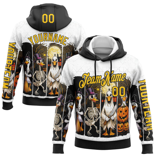 Custom White Yellow-Black 3D Halloween Pumpkin Spooky Sports Pullover Sweatshirt Hoodie - Main View