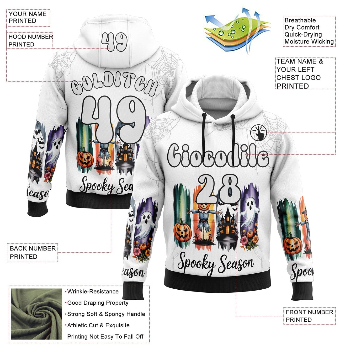Custom White Black 3D Halloween Pumpkin Spooky Sports Pullover Sweatshirt Hoodie view 2