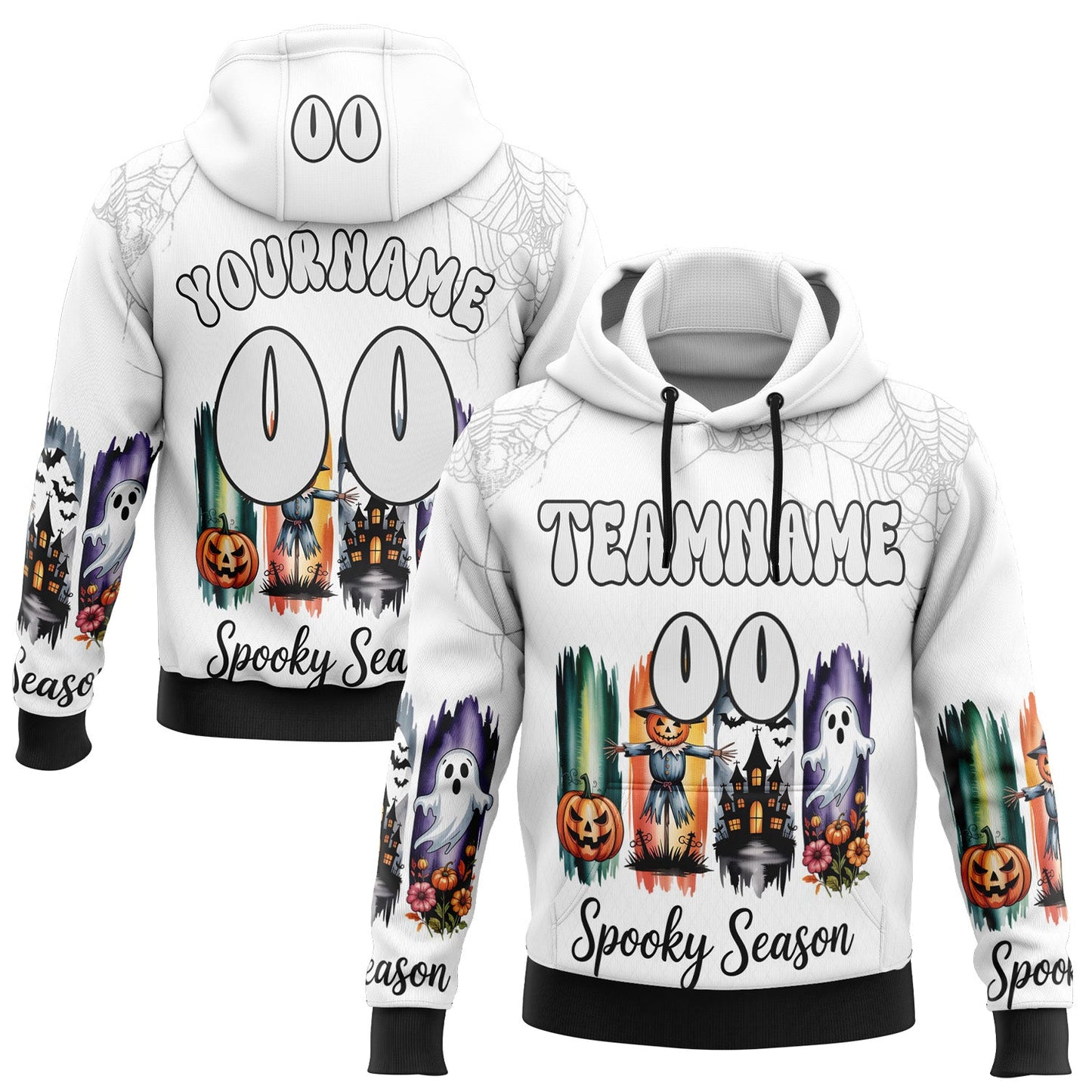 Custom White Black 3D Halloween Pumpkin Spooky Sports Pullover Sweatshirt Hoodie - Main View