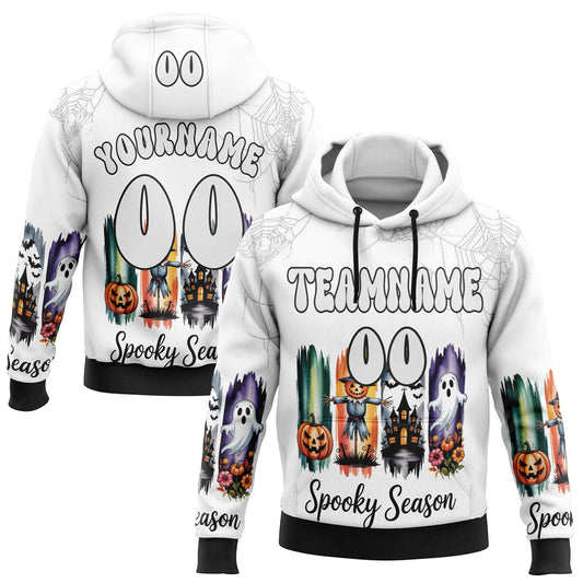 Custom White Black 3D Halloween Pumpkin Spooky Sports Pullover Sweatshirt Hoodie - Main View